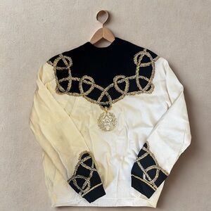 St. John Black and Cream Wool Sweater with Gold Accents